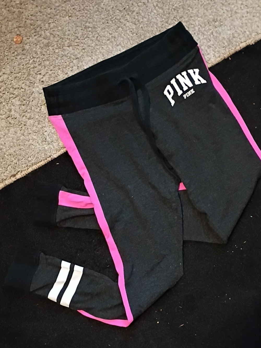 PINK Victoria's Secret Black Yoga PANTS with Hot Pink Side Stripes